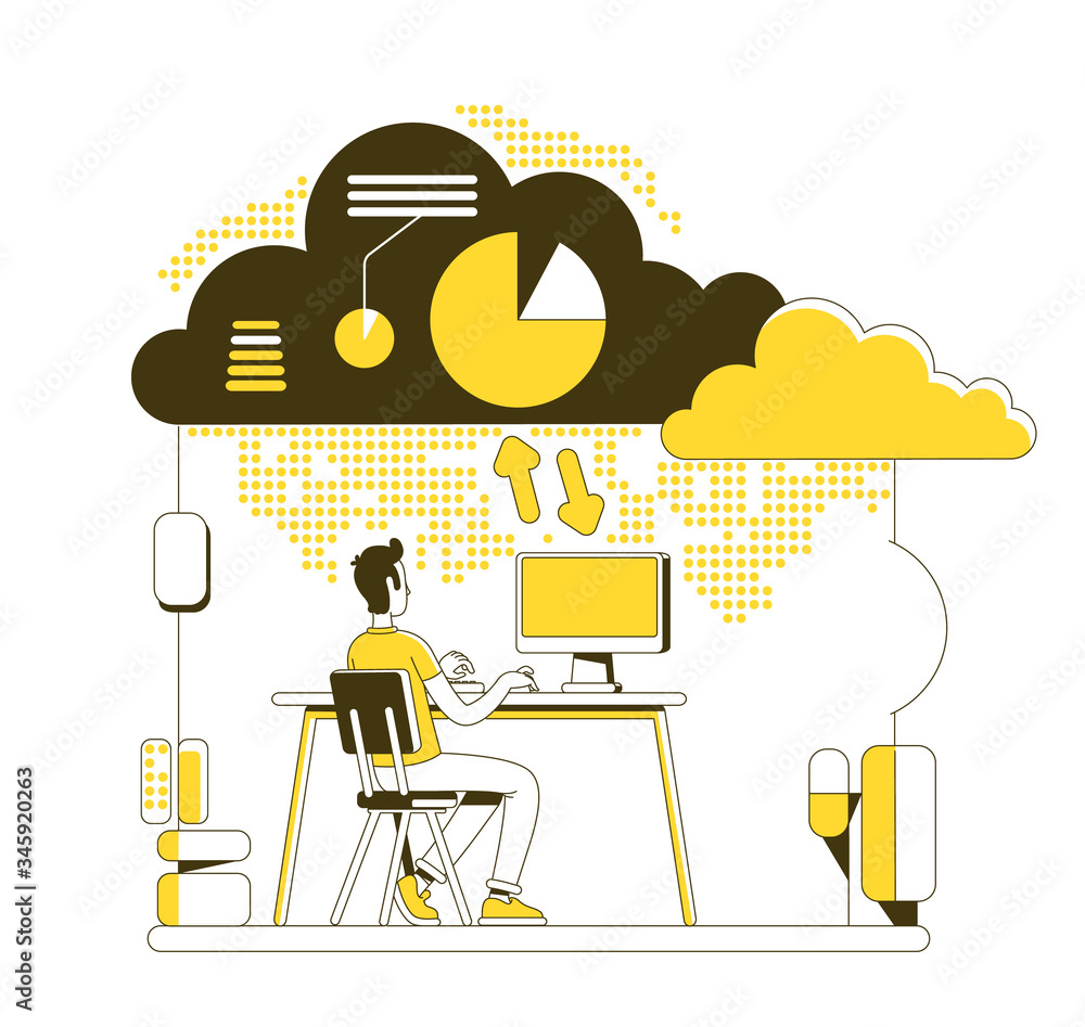 Poster cloud computing thin line concept vector illustration. online data storage user 2d cartoon character