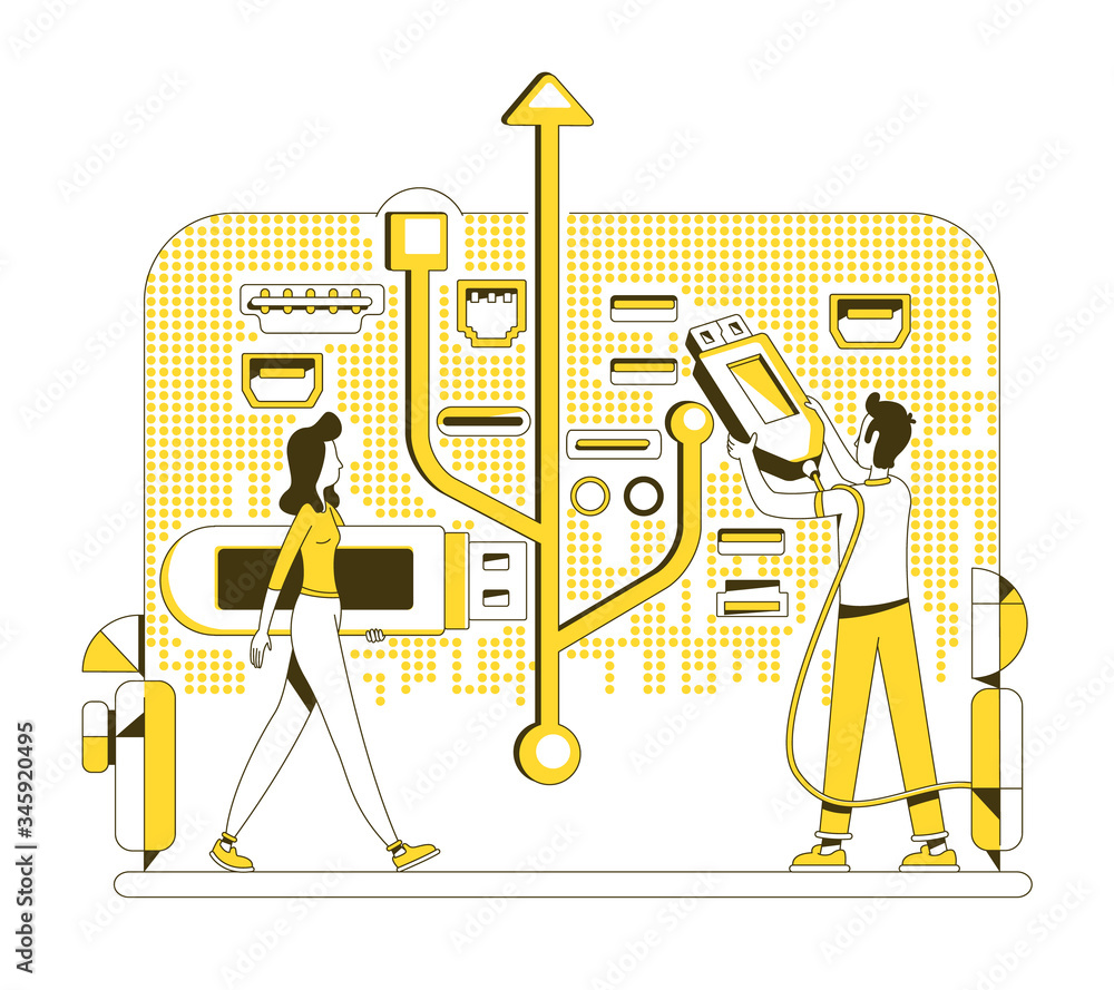 Poster usb memory stick thin line concept vector illustration. people with thumb drives 2d cartoon characte