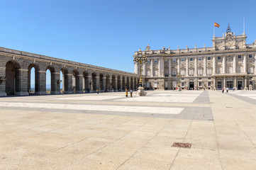 Obraz premium Beautiful Arches Patio De Armas Interior Of The Royal Palace Of Madrid. June 15, 2019. Madrid. Spain. Travel Tourism Holidays