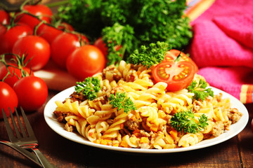 Fusilli pasta with meat and vegetables	
