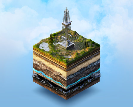 Oil Drilling, Extraction 3D Isometric Illustration. Soil Layers Cross Section, Onshore Oil Gas Drilling Rig Isolated. Crude Oil Resources, Gas, Oil, Fuel Market Industry, Petroleum Production Concept