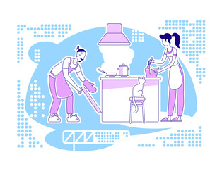 Cook together flat silhouette vector illustration. Man and woman in kitchen prepare meal. Culinary and cookery. Couple outline characters on blue background. Family activity simple style drawing