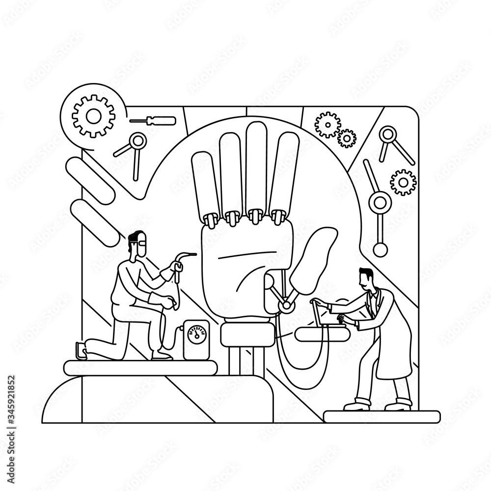 Poster prosthesis engineering thin line concept vector illustration. scientist and engineer 2d cartoon char