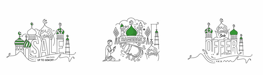 Set of Eid Mubarak celebration- Mosque. Sale banner, scroll,  sticker, badge, price tag, poster. Vector illustration.