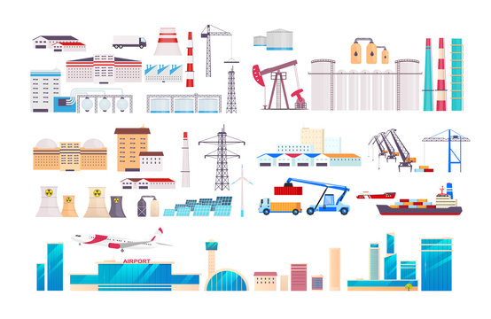 Factory cartoon vector objects set. Industrial machinery and equipment constructor. Airport flat color illustrations collection. Manufactory buildings isolated pack on white background