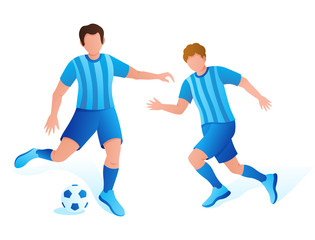 football players play with the ball on the field. Team competition, the championship. The striker gives a pass. Vector illustration.