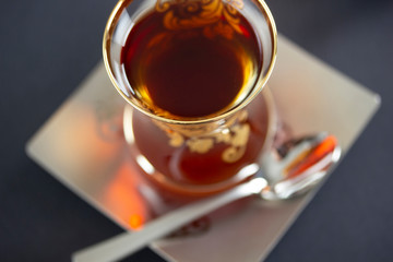 Turkish traditional tea, hot drink. Black tea.