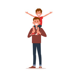 Happy little boy stretching out hands while his father carrying him on shoulders. Father's Day concept. Vector flat isolated on white.