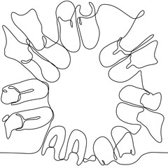 Top view: seven pairs of feet of friends in a circle. One continuous line of art company of loved ones became a tight ring, all legs are directed to the center. Can be used for animation.