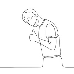 One continuous line drawing of a man standing leaning forward. The guy with his left hand shows thumb up. Endorsement, wish good luck, greeting, manifestation of love, “like”, vote for something