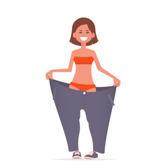 Slim woman in oversized jeans shows her weight loss. Vector flat isolated on white background