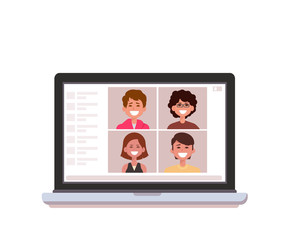 Online Group Videoconference On Laptop. Group video chat. Flat vector isolated on white background
