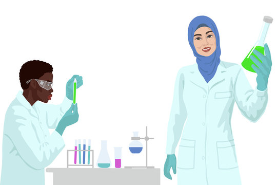 Arabian and african women scientist in lab. Vaccine research concept.