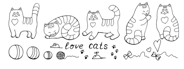 Set of cats and doodle elements: mice, hearts, footprints, balls, ball of yarn, lettering love cats. Outline, isolated on white background.