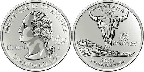 American money, USA Washington quarter dollar or 25-cent silver coin, first US president George Washington on obverse, American bison skull on reverse