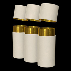 Kraft paper cardboard tube package with gold part mock up. 3d render on black background.