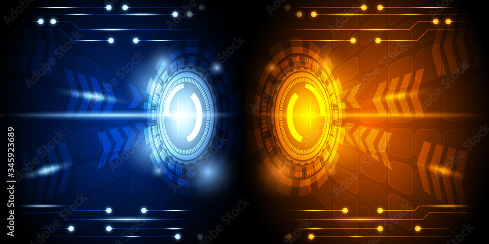 Poster abstract glowing blue and orange concept speed technology background with circuit pattern.