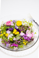 Edible flowers with young salad greens