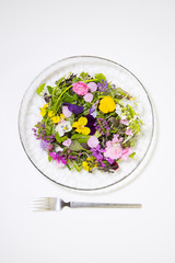Edible flowers with young salad greens