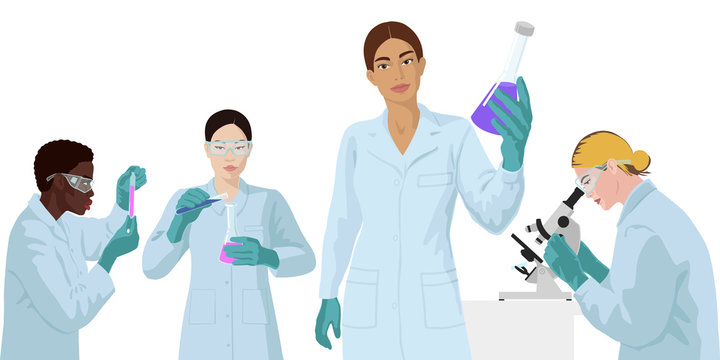 European, african, asian, indian women scientist in lab. Vaccine research concept.