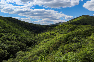 Beautiful view of the mountains on a sunny day in the spring. White clouds on a blue sky in the background. Little Carpathians, Slovakia.