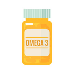 A bottle with omega 3 capsules in flat style isolated on white background.