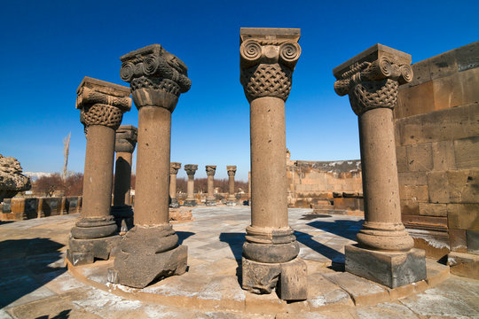 Armenia - Yerevan - Zvartnots - The columns on the sade of excavations and restoration of ruins of Zvartnots cathedral, armenian historical and national heritage