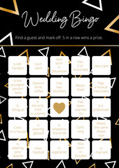 Luxury wedding bingo tickets for fun party. 5 in row game for guests. Elegant easy printable vector templates: 10*14 in