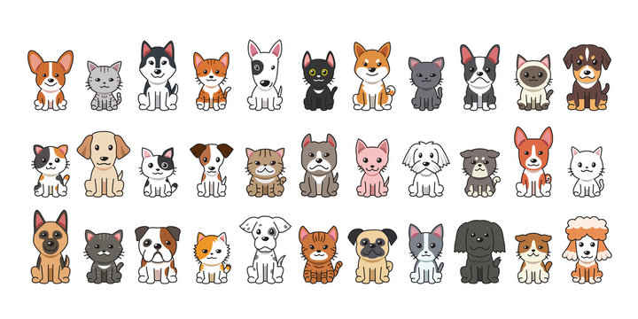 Different type of vector cartoon cats and dogs for design.