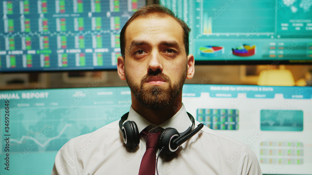 Poster stock market trader using augmented reality. company crash. multiple displays with real time financi