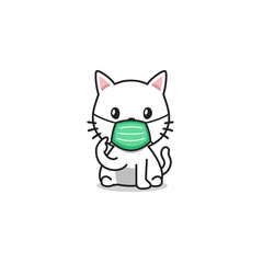 Fototapeta na wymiar Cartoon character white cat wearing protective face mask for design.