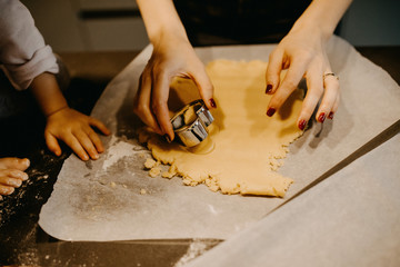 Mother and little daughter baking cookies at home, using metallic cutters.