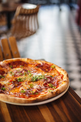 Pizza on a wooden table