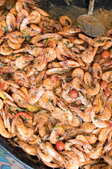 Close up image of freshly boiled crayfish on outdoor outside cooking wok