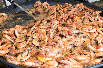 Close up image of freshly boiled crayfish on outdoor outside cooking wok
