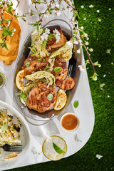 Grilled turkey steak with cabbage and herbs on the nature. Spring concept.