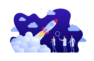 Science and space engineering concept. Vector flat person illustration. Team of male and female engineer watch spacecraft mission launch. Rocket fly in sky. Design for innovation technology banner. © tasty_cat