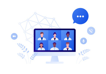 Medical council and online doctor teleconference concept. Vector flat person illustration. Group of male and female multi-ethnic team of medic on computer monitor screen. Design for health care.