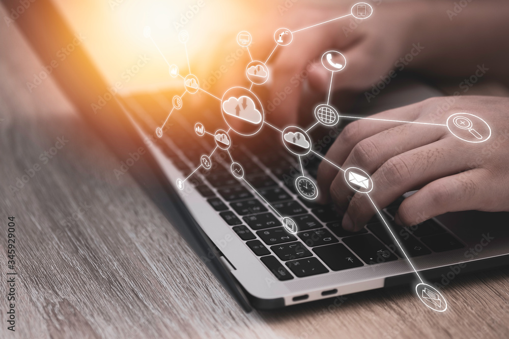 Poster hand typing on laptop and virtual artificial intelligence with cloud technology transformation and i