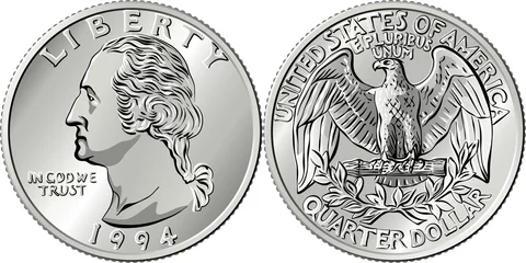 Deurstickers American money, Washington quarter dollar or 25-cent silver coin, first US president George Washington on obverse, Bald eagle on reverse © Kavalenkava