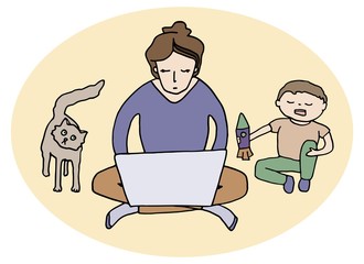 Work from home concept. Mother with laptop trying to work with noisy child and cat at home. Hand drawn colored vector illustration isolated on white. Difficulty of home office, quarantine, freelance.