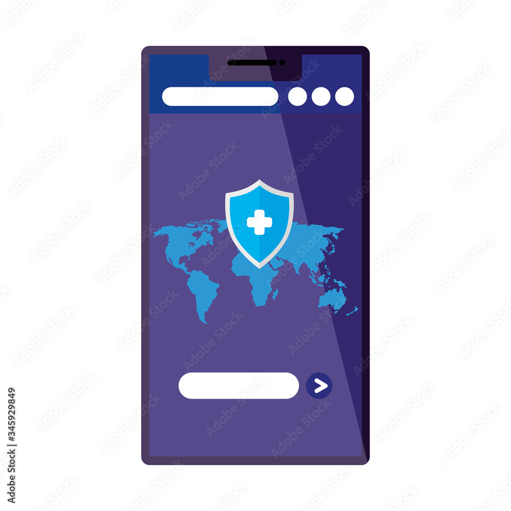 Sticker world planet earth with shield in smartphone vector illustration design