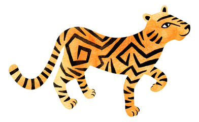 Watercolor jungle tiger. Hand painted exotic animal illustration.