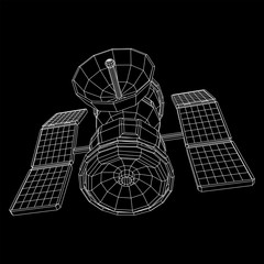 Space station communications satellite. Wireframe low poly mesh vector illustration.