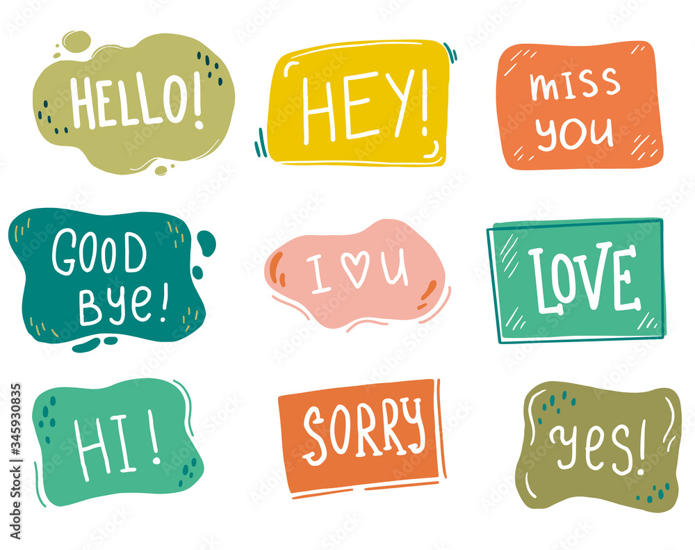 Poster Hand drawn set of speech bubbles with dialog text. Comic doodle sketch style. Text and speech balloon element of color. Vector illustration for icon design.
