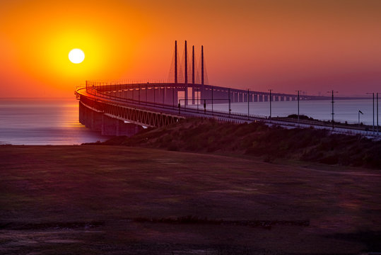 Sunset at &Ouml;resundsbron between Sweden and Denmark.
