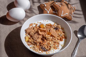 breakfast, cereal and granola with milk, cookies and eggs, bright sunlight, healthy snack