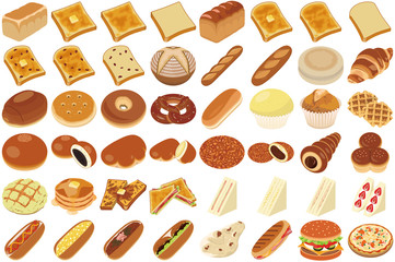 食べ物アイコン・イラスト【パン】①（食パン、フランスパン、コッペパン、サンドイッチ）