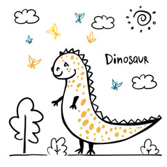 Cute little dinosaur on white background. Vector illustration. Perfect for greeting card, postcard, print, banner.