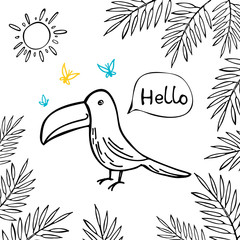 Hand drawn toucan and tropical leaves on white background. Vector illustration. Perfect for greeting card, postcard, print, banner.